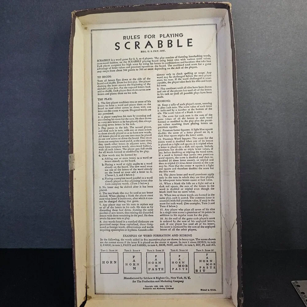 Vtg Selchow Right Scrabble Game, 1953 Original Box, Some Damage, Missing One L